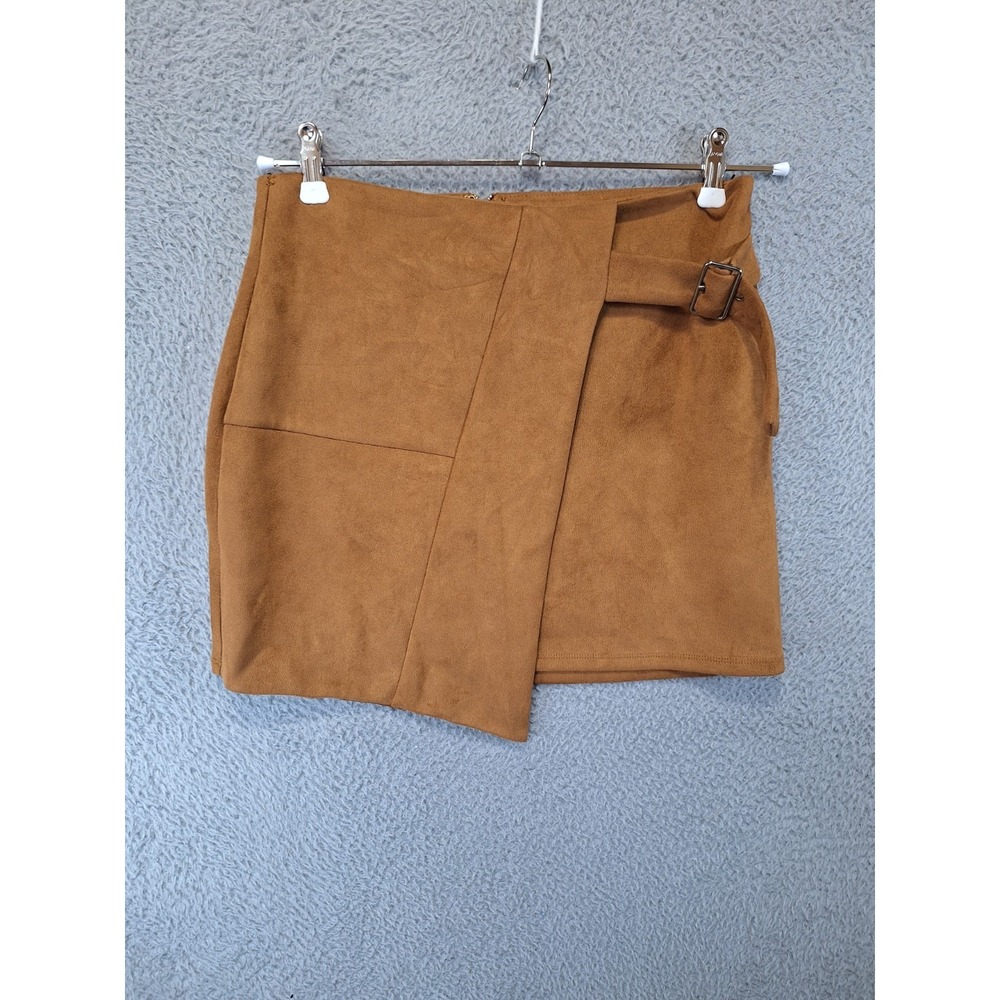 Forever 21 Wrap Mini‎ Skirt Womens Large Tan Faux Suede Buckle Back Zip Stretch